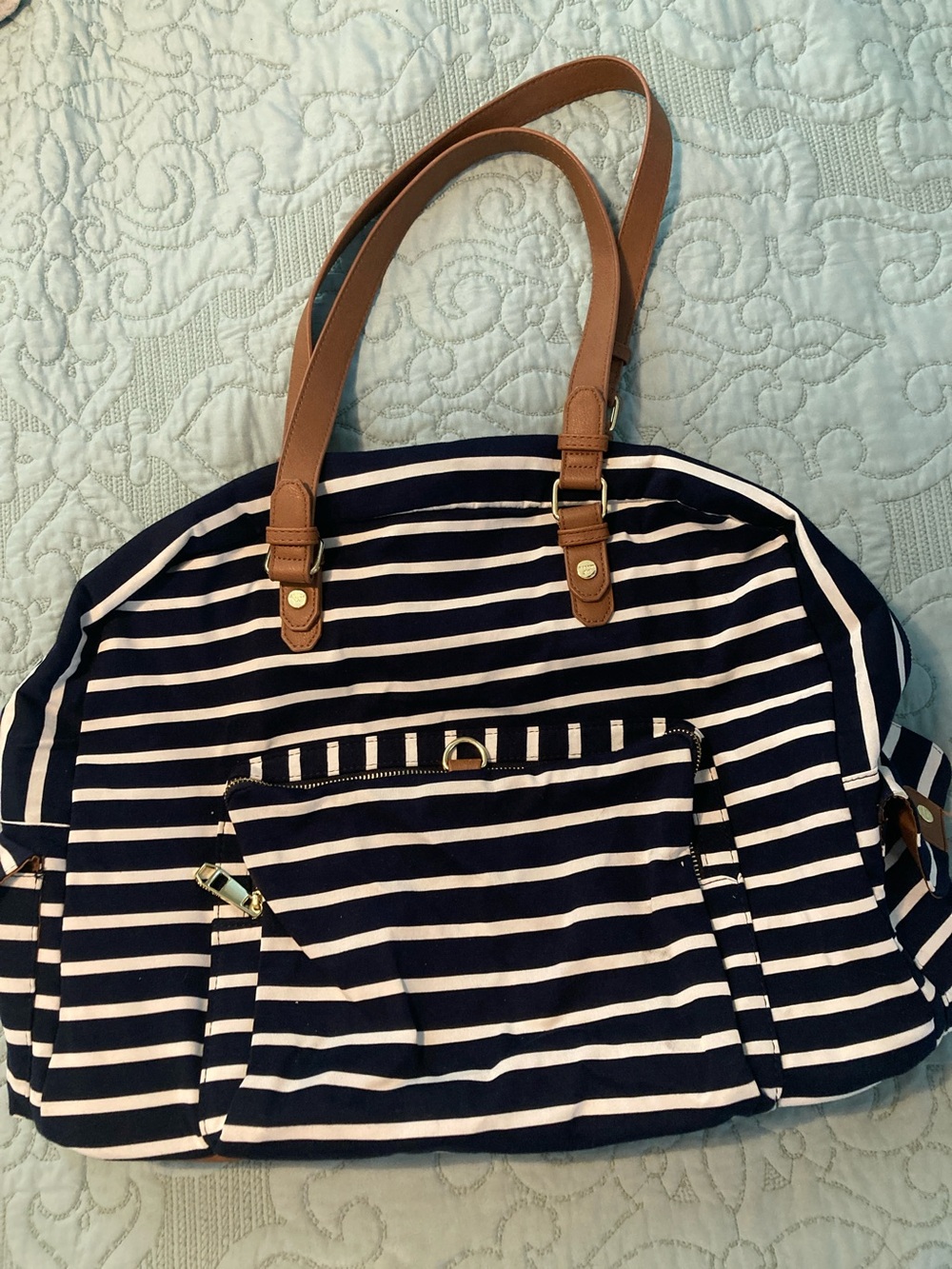 Madden Girl Navy & White Striped Tote with Brown Handles